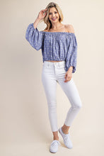 Blue Printed Off Shoulder Puff Sleeve Novelty Top