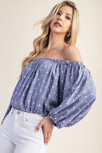 Blue Printed Off Shoulder Puff Sleeve Novelty Top