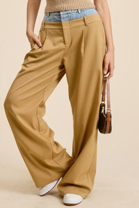 Taupe Denim Waistband Solid Wide Leg Trouser Pants