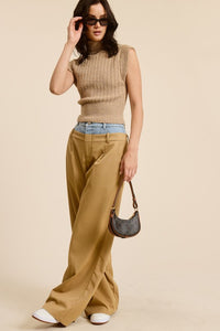 Taupe Denim Waistband Solid Wide Leg Trouser Pants