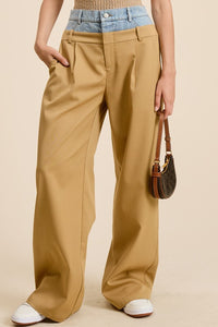 Taupe Denim Waistband Solid Wide Leg Trouser Pants