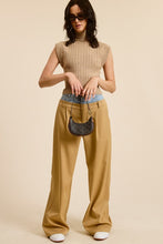 Taupe Denim Waistband Solid Wide Leg Trouser Pants