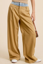 Taupe Denim Waistband Solid Wide Leg Trouser Pants