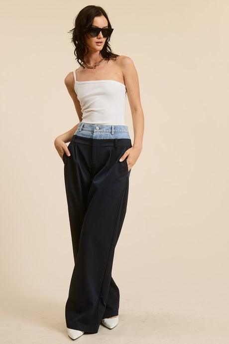 Navy Denim Waistband Solid Wide Leg Trouser Pants