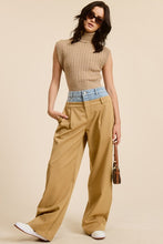 Taupe Denim Waistband Solid Wide Leg Trouser Pants