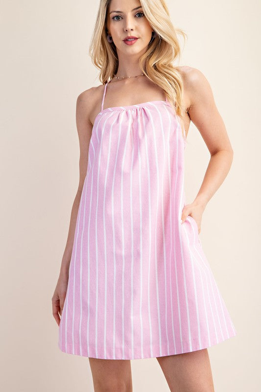 Pink Striped Mini Dress With Crisscross Open Back