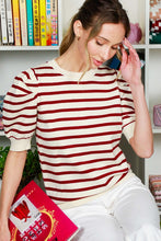 Cream/Burgundy Puff Short Sleeve Stripe Sweater Top