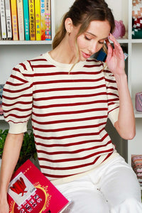 Cream/Burgundy Puff Short Sleeve Stripe Sweater Top