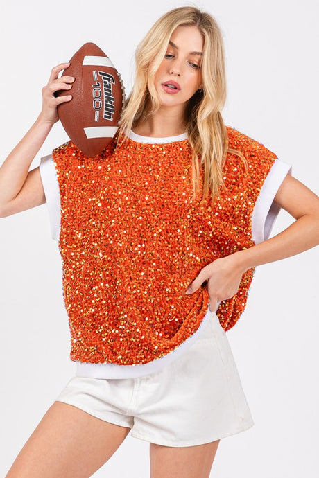 Orange/White Gameday Velvet Seuquin Top