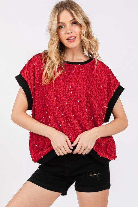 Red/Black Gameday Velvet Seuquin Top