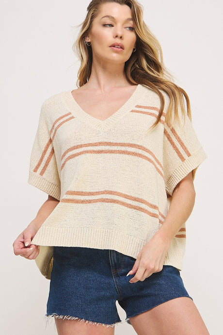 Mauve Textured Stripe V-Neck Sweater Top