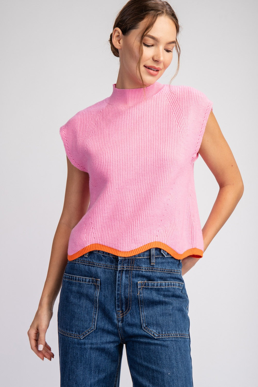 Bubble Pink Mock Neck Scallop Trim Sweater