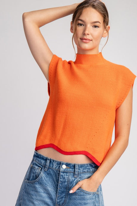 Tangerine Mock Neck Scallop Trim Sweater