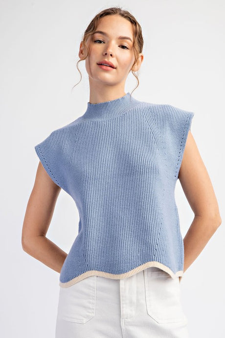 Denim Mock Neck Scallop Trim Sweater