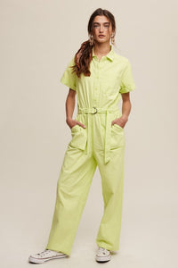 Neon Green Linen Utility Jumpsuit