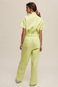 Neon Green Linen Utility Jumpsuit