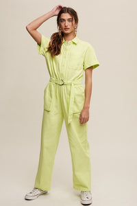 Neon Green Linen Utility Jumpsuit