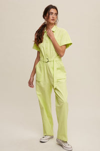 Neon Green Linen Utility Jumpsuit