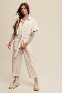 Cream Linen Utility Jumpsuit