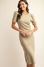 Beige Multi Striped Puff Sleeve Knit Midi Dress