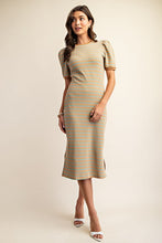 Beige Multi Striped Puff Sleeve Knit Midi Dress