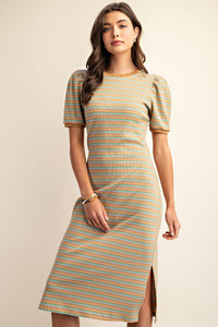 Beige Multi Striped Puff Sleeve Knit Midi Dress