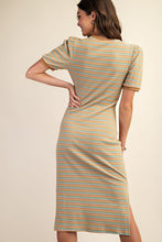 Beige Multi Striped Puff Sleeve Knit Midi Dress