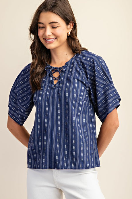 Navy Pleated Balloon Sleeve Novelty Top