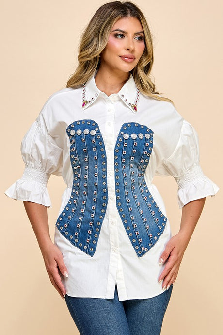 White Stylish Cotton Blouse With Denim Corset Detail, With Pink And Gold Rhinestones