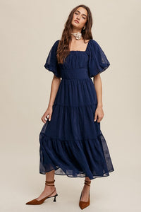 Midnight Flower Embroidered Puff Sleeve Tiered Maxi Dress