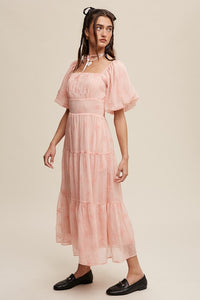 Apricot Flower Embroidered Puff Sleeve Tiered Maxi Dress