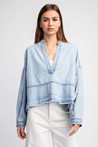 Denim Mineral Washed Denim V-Neck Long Sleeve Top