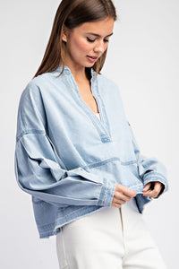 Denim Mineral Washed Denim V-Neck Long Sleeve Top