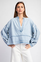 Denim Mineral Washed Denim V-Neck Long Sleeve Top