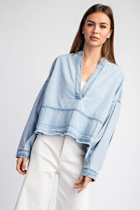 Denim Mineral Washed Denim V-Neck Long Sleeve Top