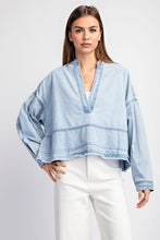 Denim Mineral Washed Denim V-Neck Long Sleeve Top