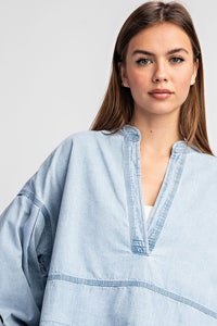 Denim Mineral Washed Denim V-Neck Long Sleeve Top