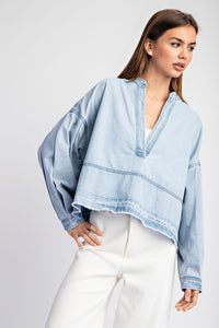 Denim Mineral Washed Denim V-Neck Long Sleeve Top