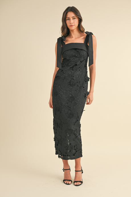 Black Shoulder Strap Lace Floral Midi Dress