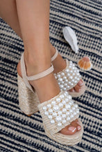 White Pearl Detail Strap, Raffia Chunk Heel