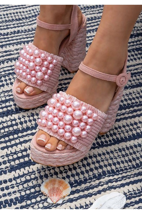 Pink Pearl Detail Strap, Raffia Chunk Heel