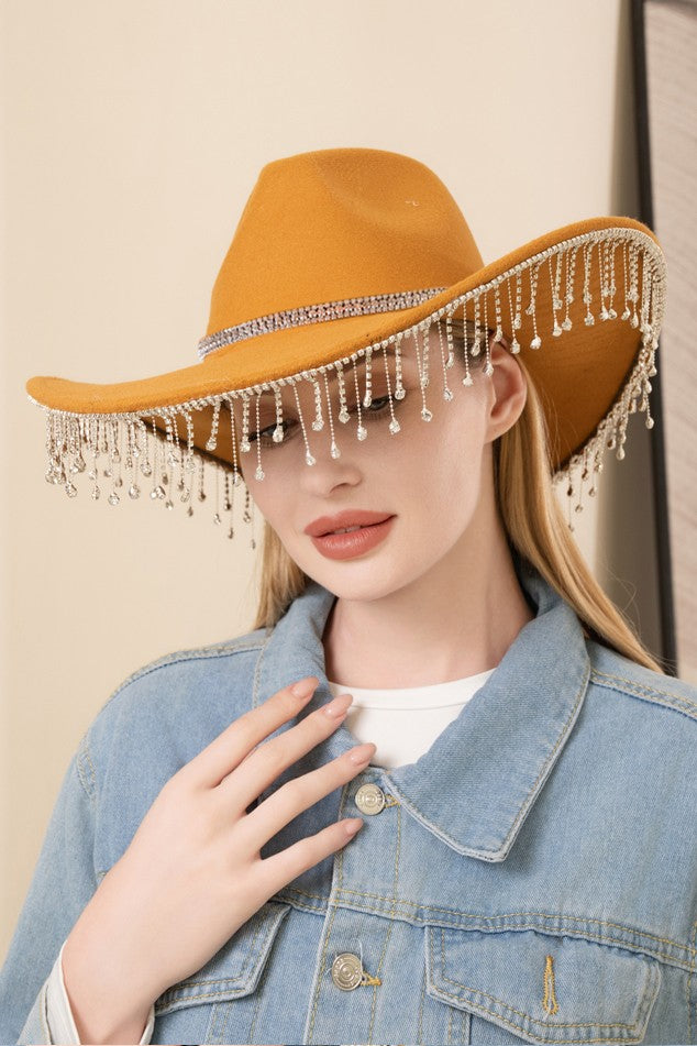 Khaki Rhinestone Band Paved Fringe Cowboy Western Hat