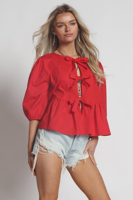 Red Bow Detailed Poplin Blouse