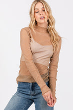 Tan Metallic Mesh Long Sleeve Top