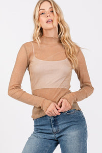 Tan Metallic Mesh Long Sleeve Top