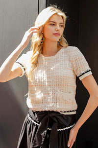 Apricot Short Sleeve Pocket Knit Sweater