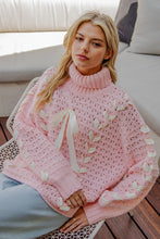 Dusty Pink Bow Lace Point Turtle Neck Sweater