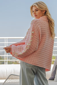 Dusty Pink Bow Lace Point Turtle Neck Sweater