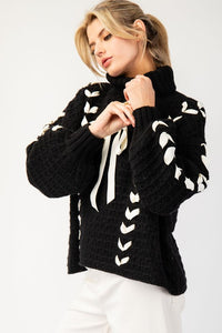 Black Bow Lace Point Turtle Neck Sweater