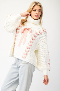 Cream Bow Lace Point Turtle Neck Sweater